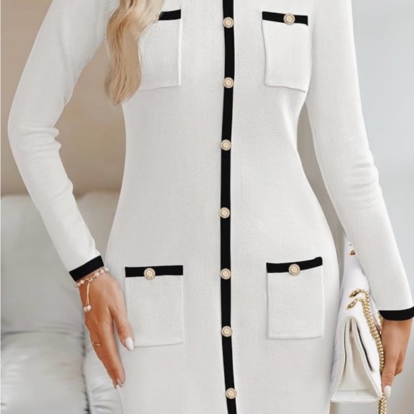 Dresses & Skirts - Elegant White Knit Button-Front Dress with Black Trim